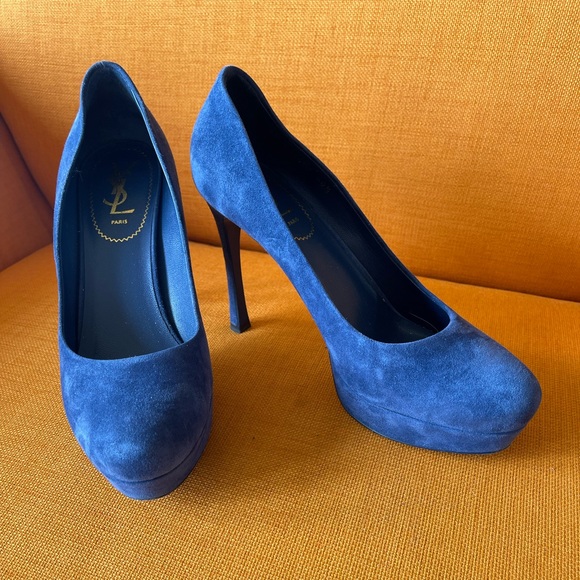 YVES SAINT LAURENT Swede BLUE HEELS💝HP - Picture 1 of 14